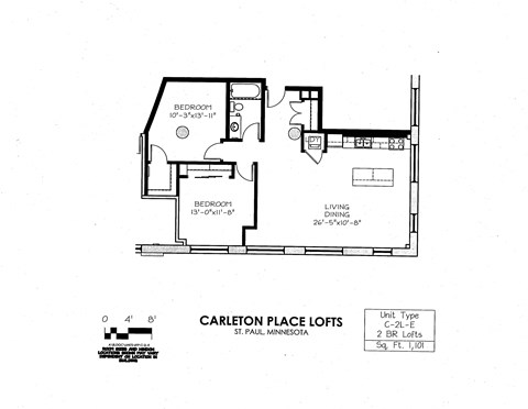 Floor plan for 2 beds, 1 bath, 1101 sqft